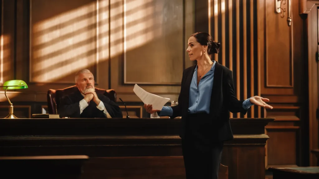 An attorney speaking in a court room.